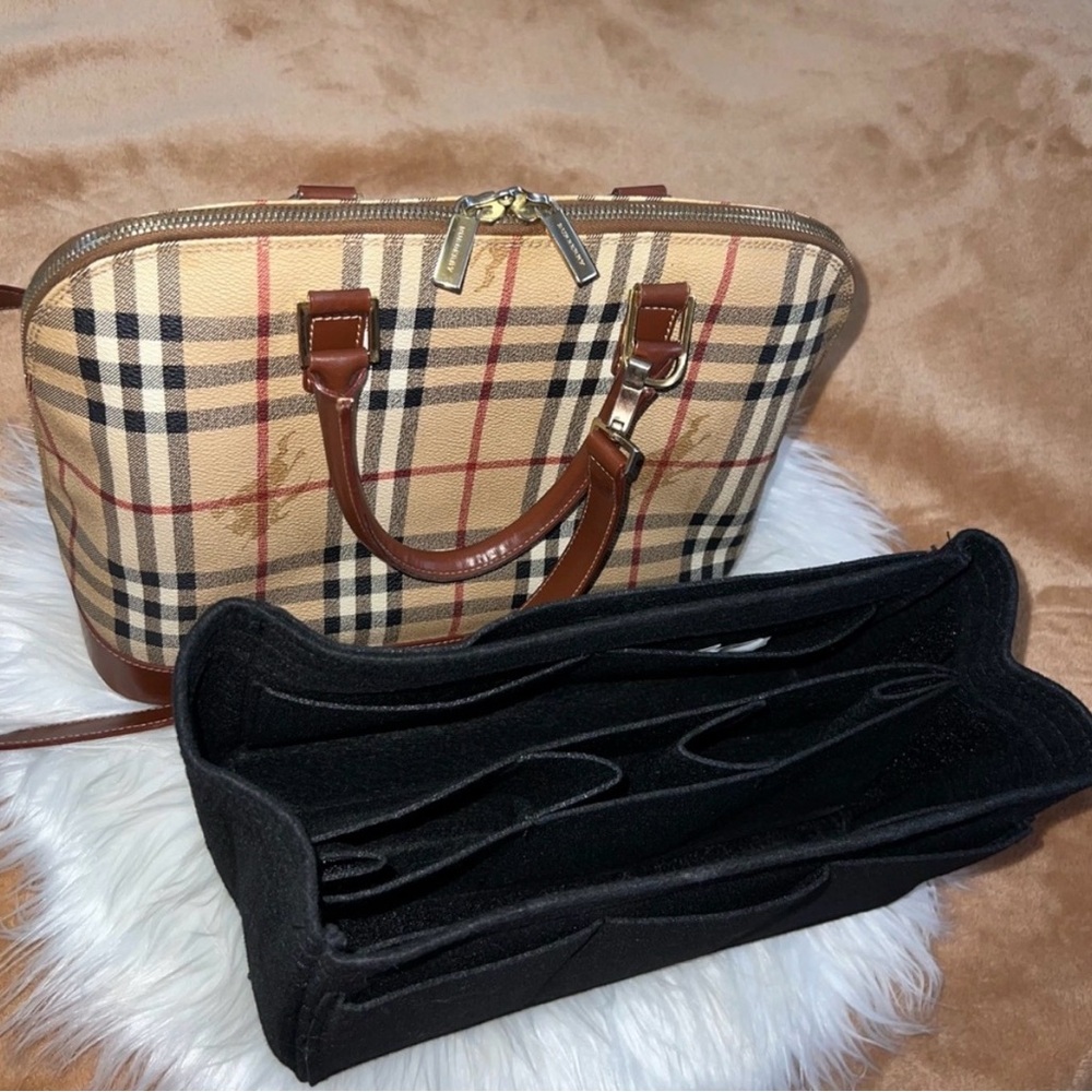 Classic Plaid Satchel Handbag in Beige and Brown - Picture 3 of 13